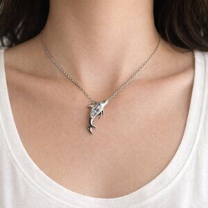 Silver Color Adjustable Necklace W Dolphin Clear Crystal Pendant 16"- 19" long